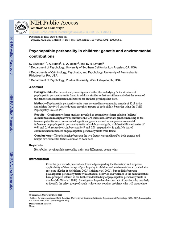 Genetic and Environmental Factors in Child Psychopathy | PDF ...