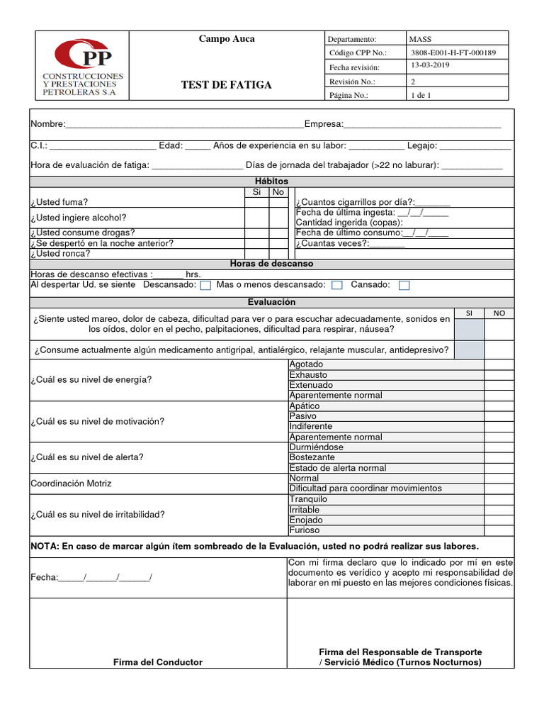 Test de Fatiga CPP-1 | PDF | Enfermedades y trastornos | Medicina CLINICA