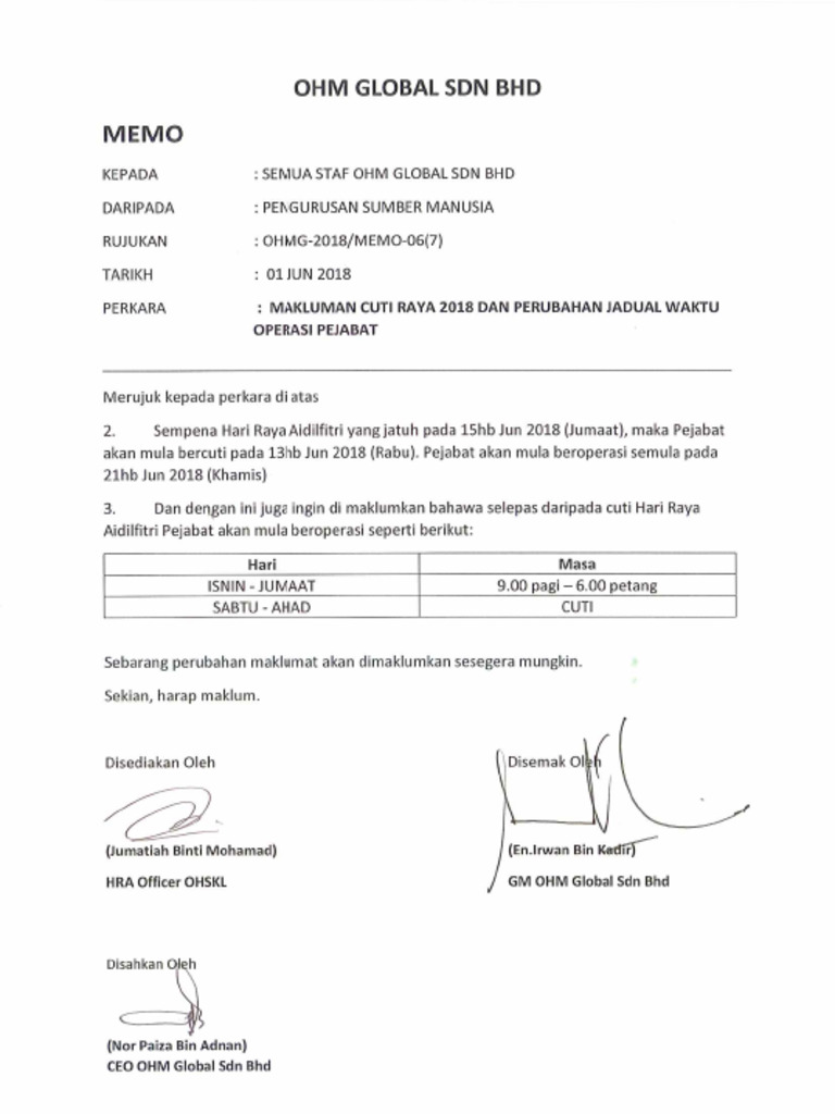 Contoh Memo Cuti Raya