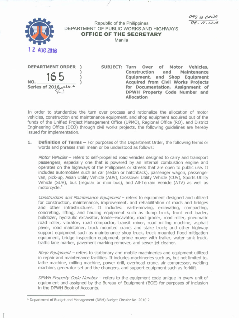 DPWH Guidelines for Equipment Turnover | PDF | Motor Vehicle | Vehicle ...
