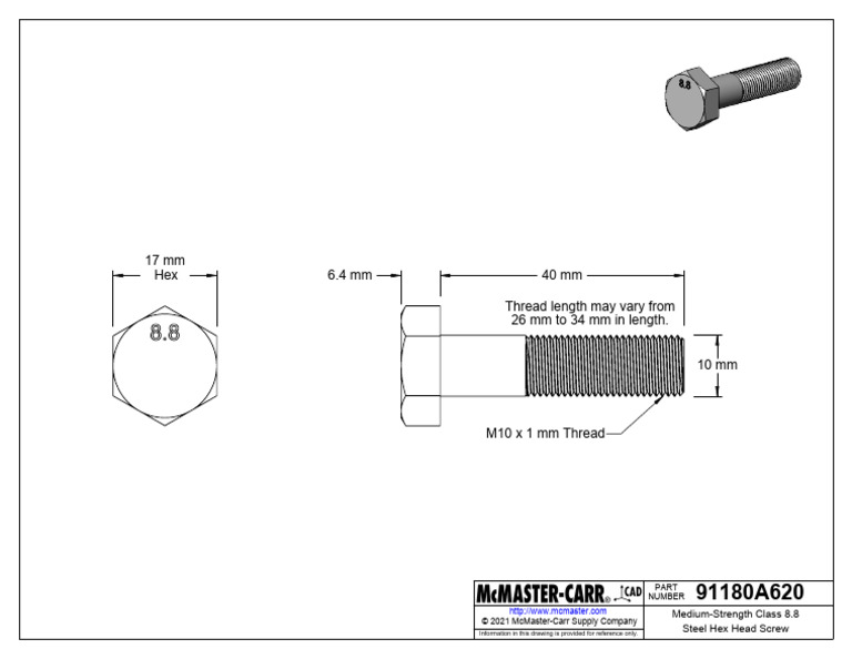 91180A620 - Medium-Strength Class 8.8 Steel Hex Head Screw | PDF
