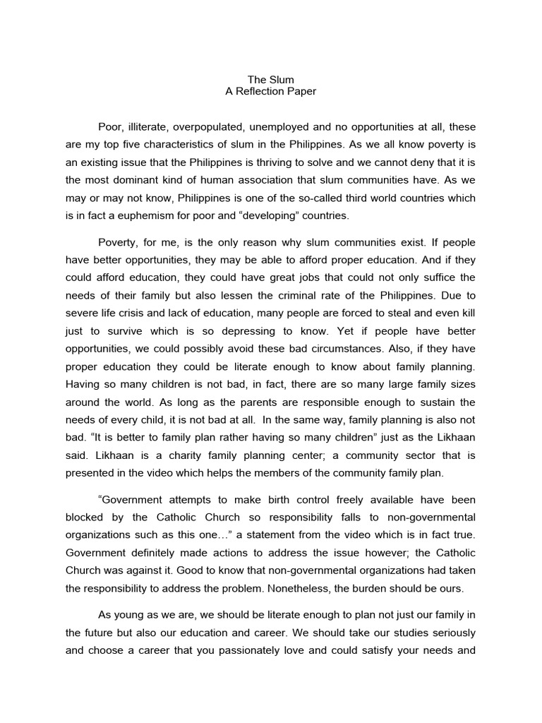 Reflection Paper On Slums in The Philippines | PDF | Slum | Poverty