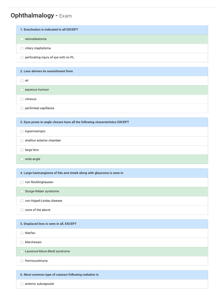 Ophthalmology Exam Questions and Answers | PDF | Glaucoma | Human Eye