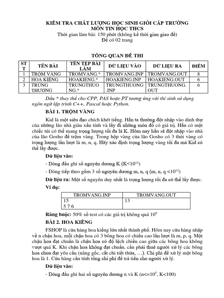 Dấu * thay thế cho CPP, PAS hoặc PY tương ứng với thí sinh sử dụng ngôn ...