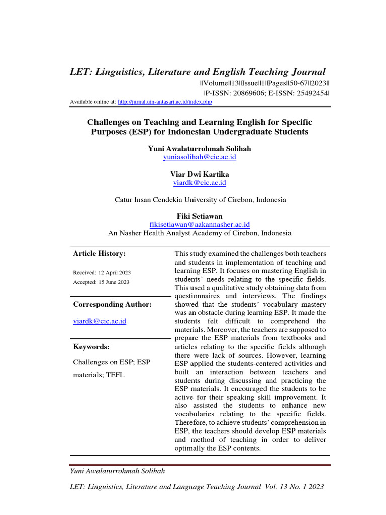 Challenges in Teaching ESP in Indonesia | PDF | Vocabulary | Language ...
