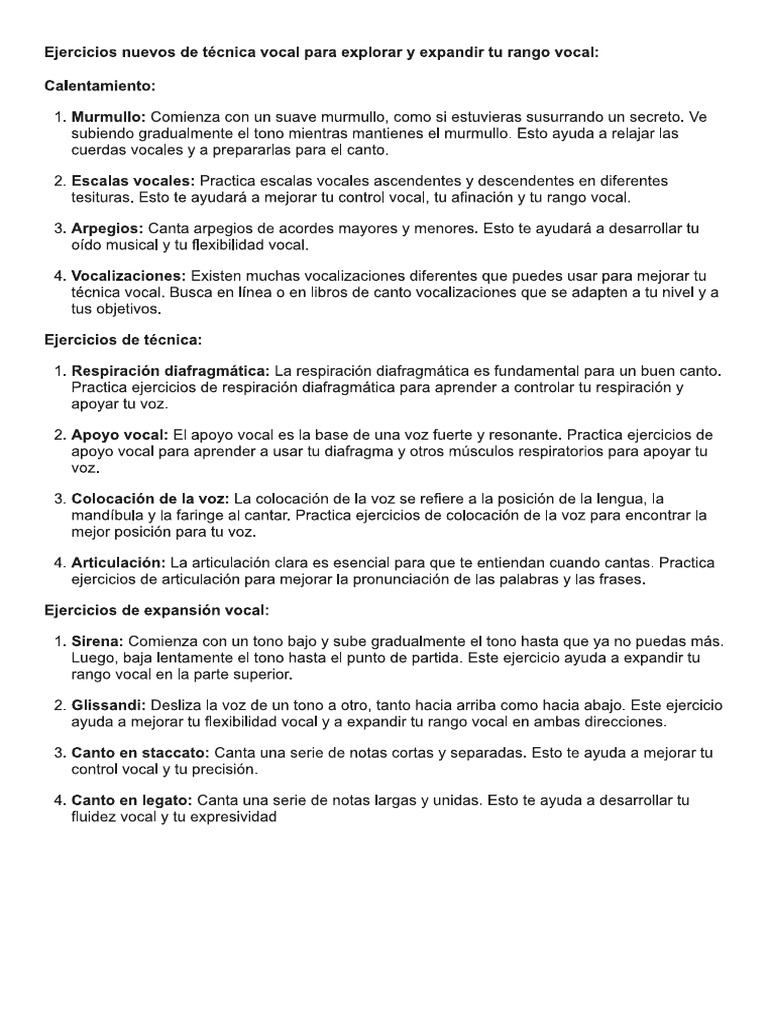 Ejercicios de Técnica Vocal | PDF