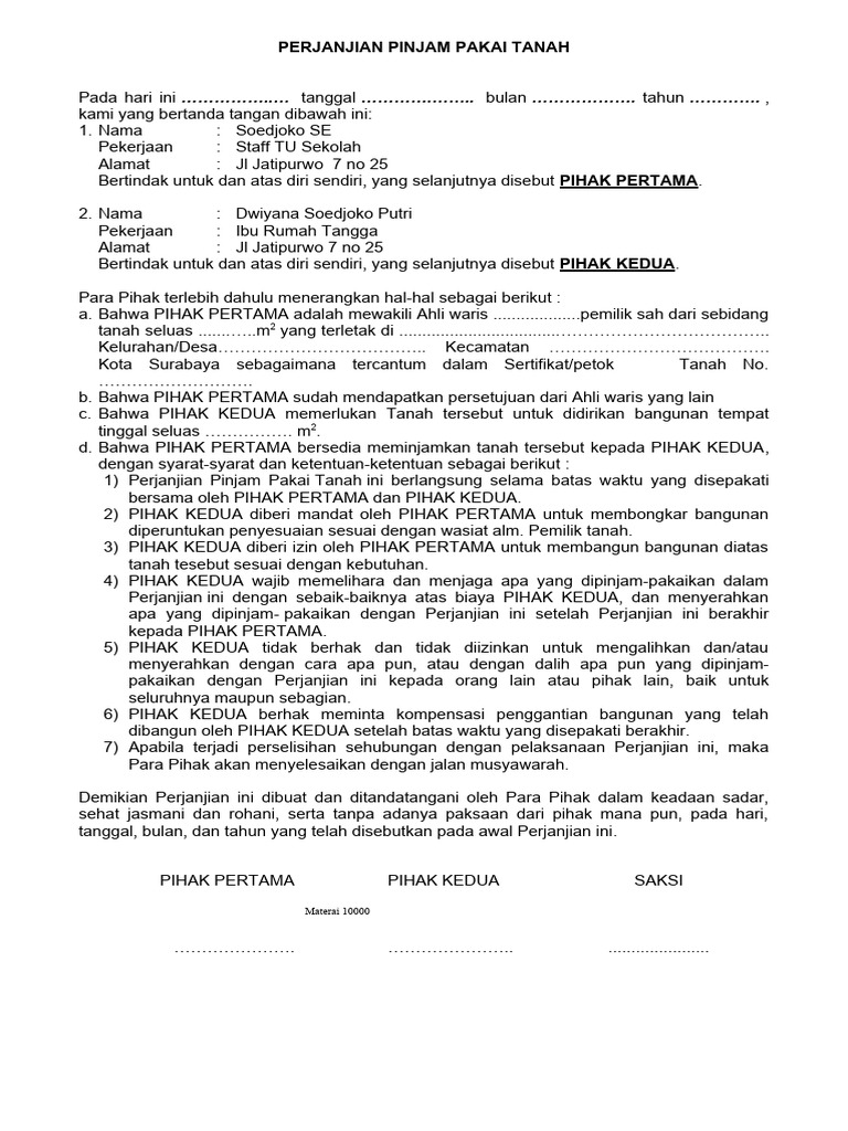 Perjanjian Pinjam Pakai Tanah Pdf