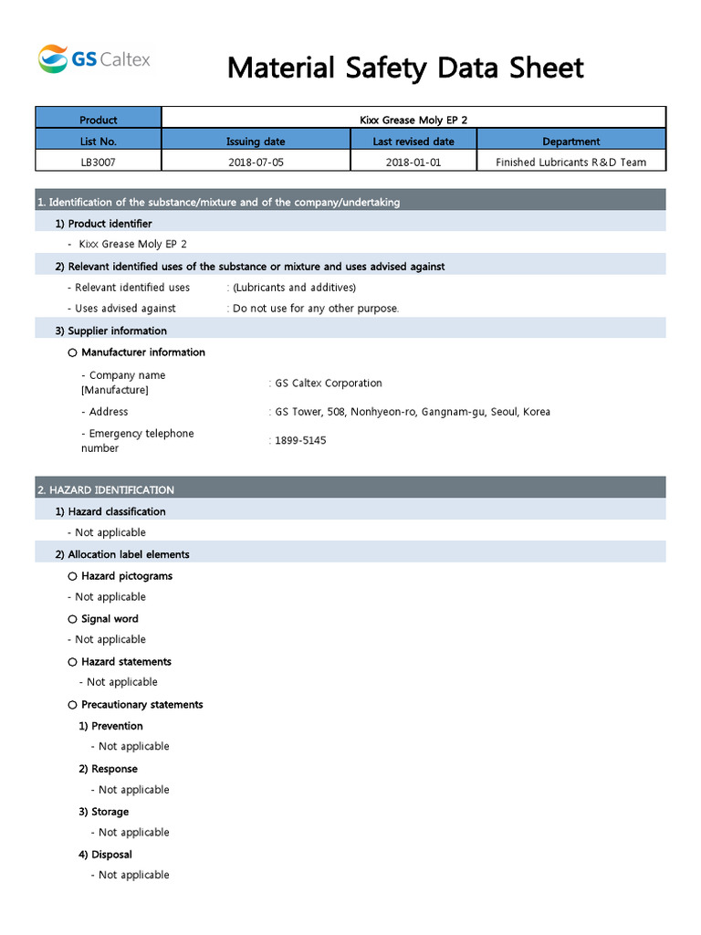 MSDS Kixx Grease Moly EP 2 en 4.0 PDF Waste Fires