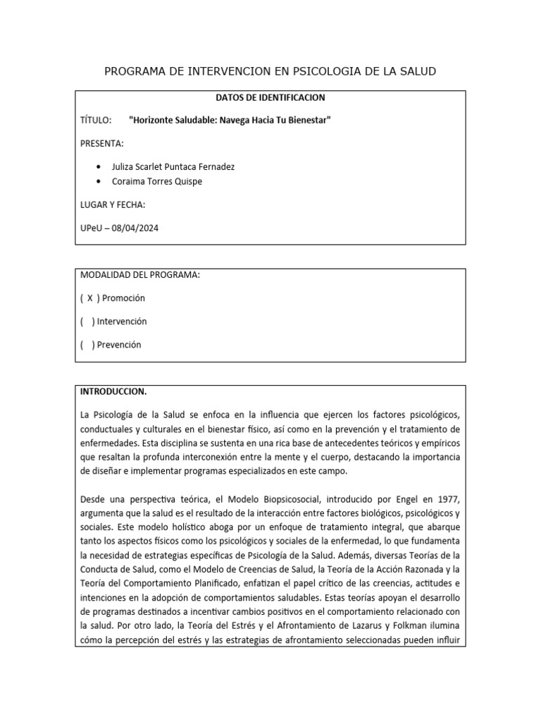 Programa de Intervención en Psicología de La Salud | PDF | Salud mental ...