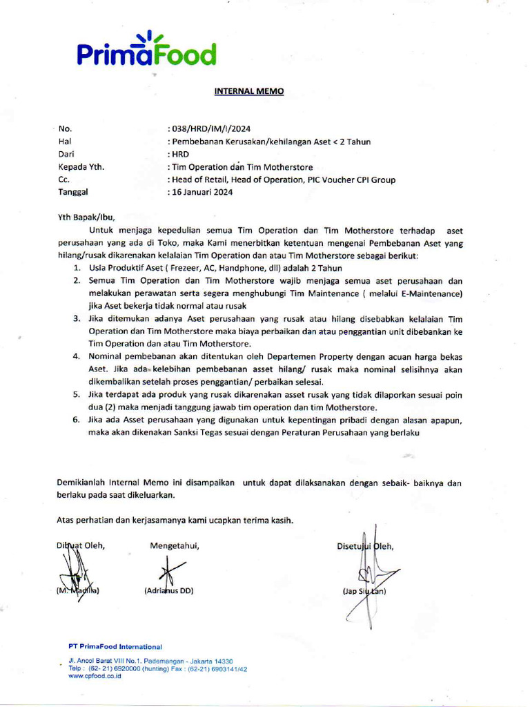 038 - Internal Memo Pembebanan Kerusakan Aset | PDF