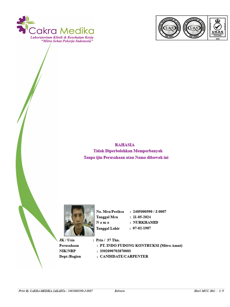 Hasil Medical Check Up Nurkhamid | PDF