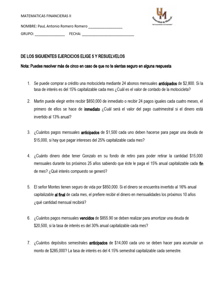 Ejercicios de Matemáticas Financieras | PDF | Tasas de interés ...