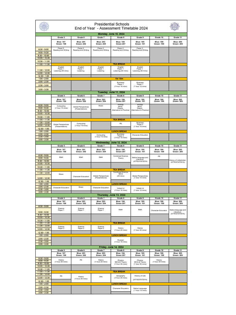 End of Year Exam Timetable 2024 | PDF