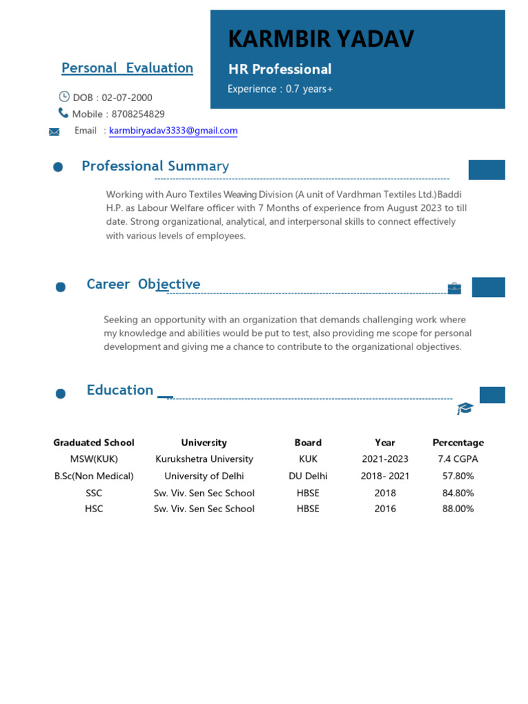 Karmbir Yadav: HR Professional Profile | PDF | Employment | Business