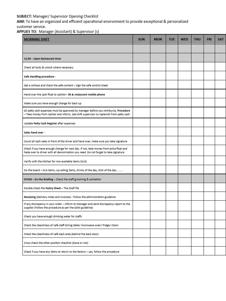 Supervisor Opening Checklist | PDF | Menu | Restaurants