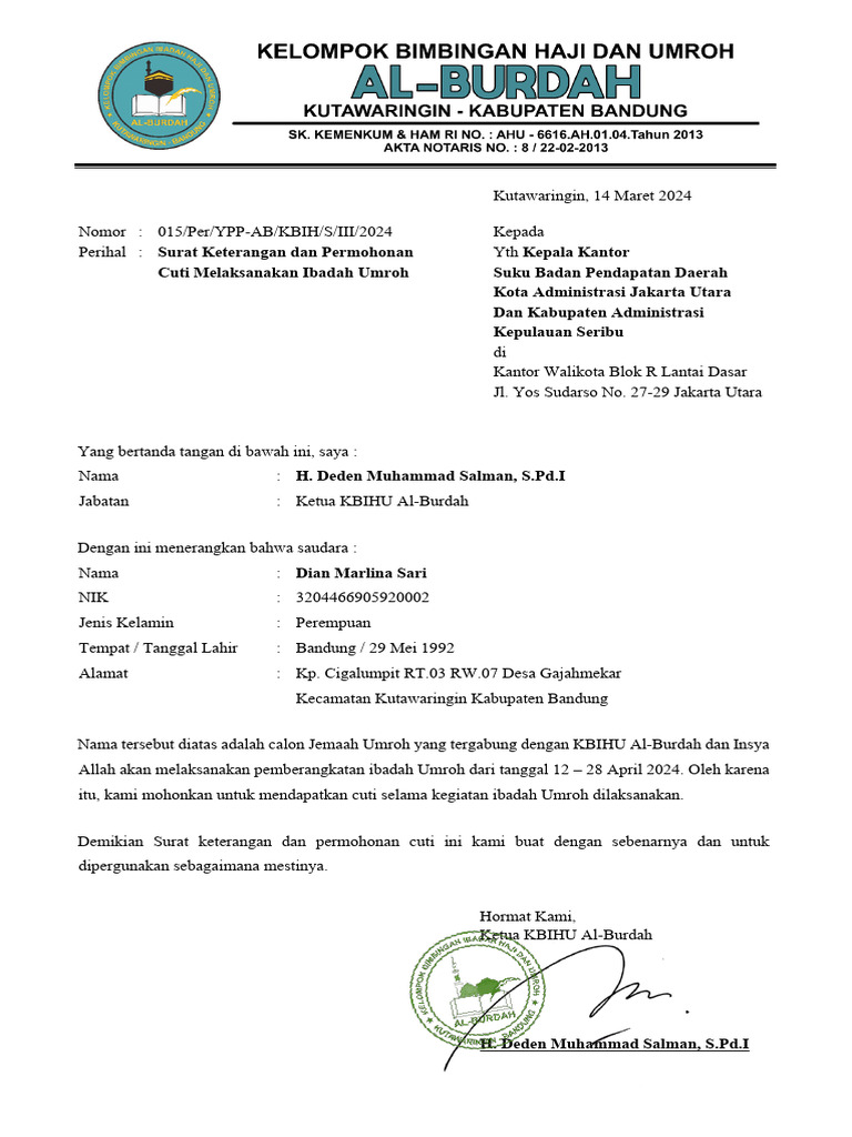 Surat Keterangan Umroh 2024 | PDF