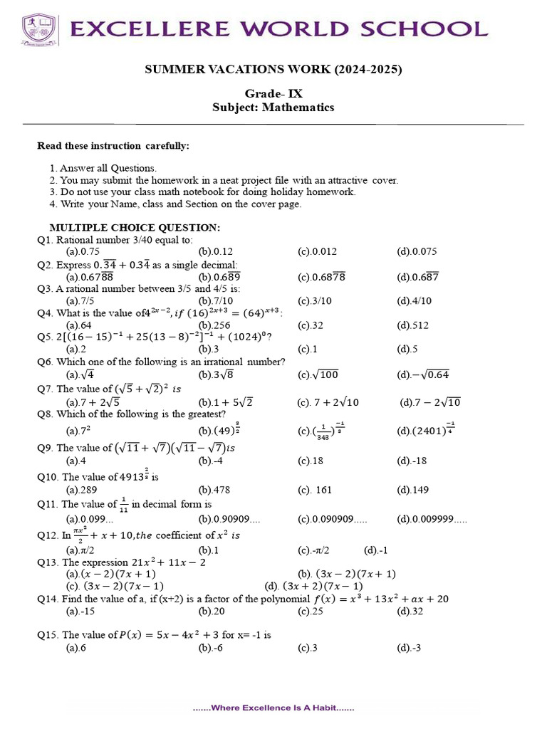 Grade 9 Mathematics Holiday Homework | PDF | Cartesian Coordinate ...