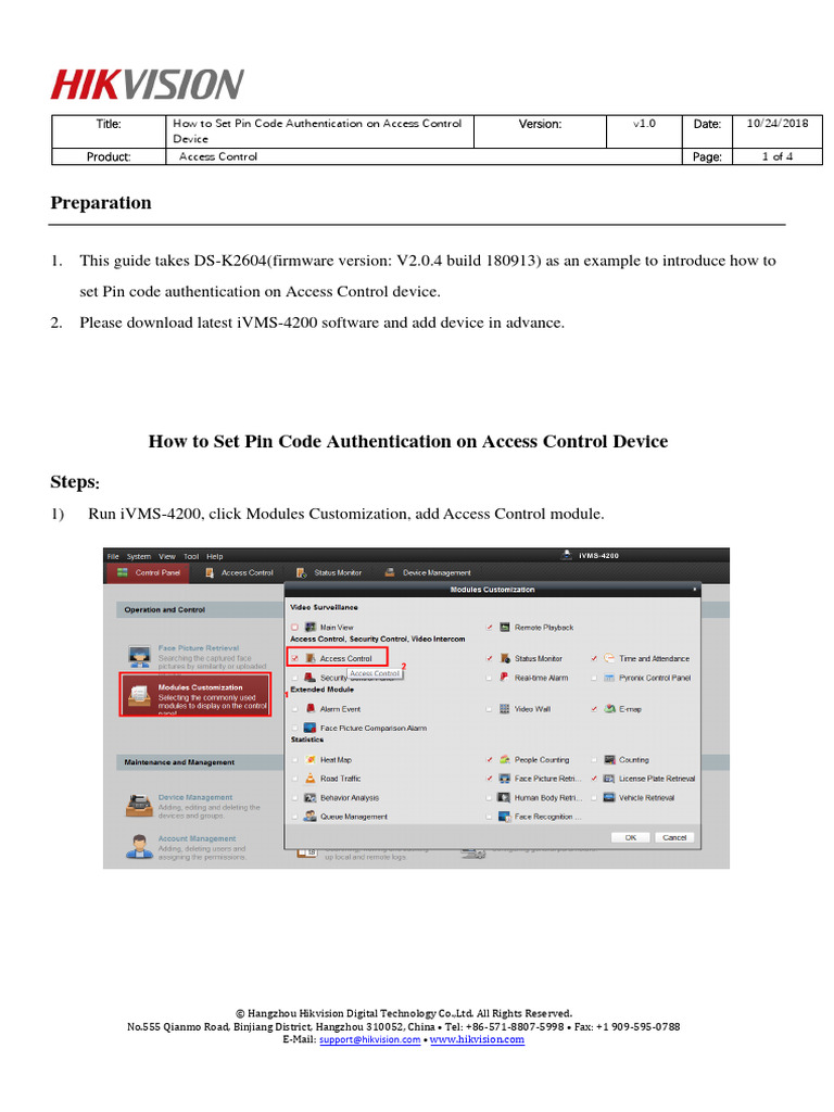 How to set pin code authentication on access control device ivms pdf