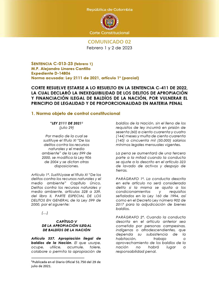 Inexequibilidad Ley 2111 de 2021 | PDF | Propiedad | Posesión (Ley)