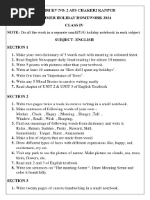 Class 4 Summer Holiday Homework 2024