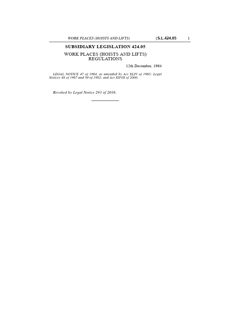 Subsidiary Legislation 424.05work Places (Hoists and Lifts) Regulations ...