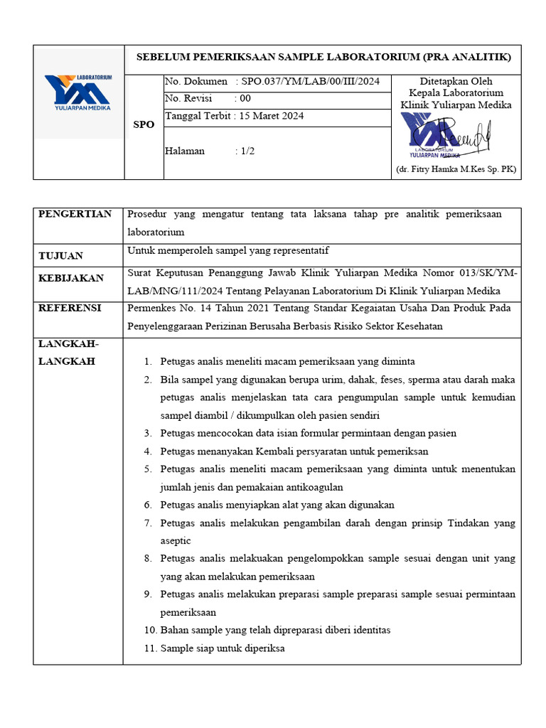 Prosedur Pra Analitik Laboratorium | PDF | Kesehatan Holistik