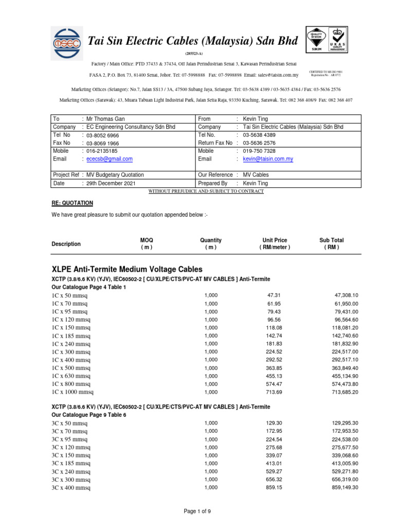 TSKL-2021-12-1119-Quotation - MV Cables (EC) | PDF