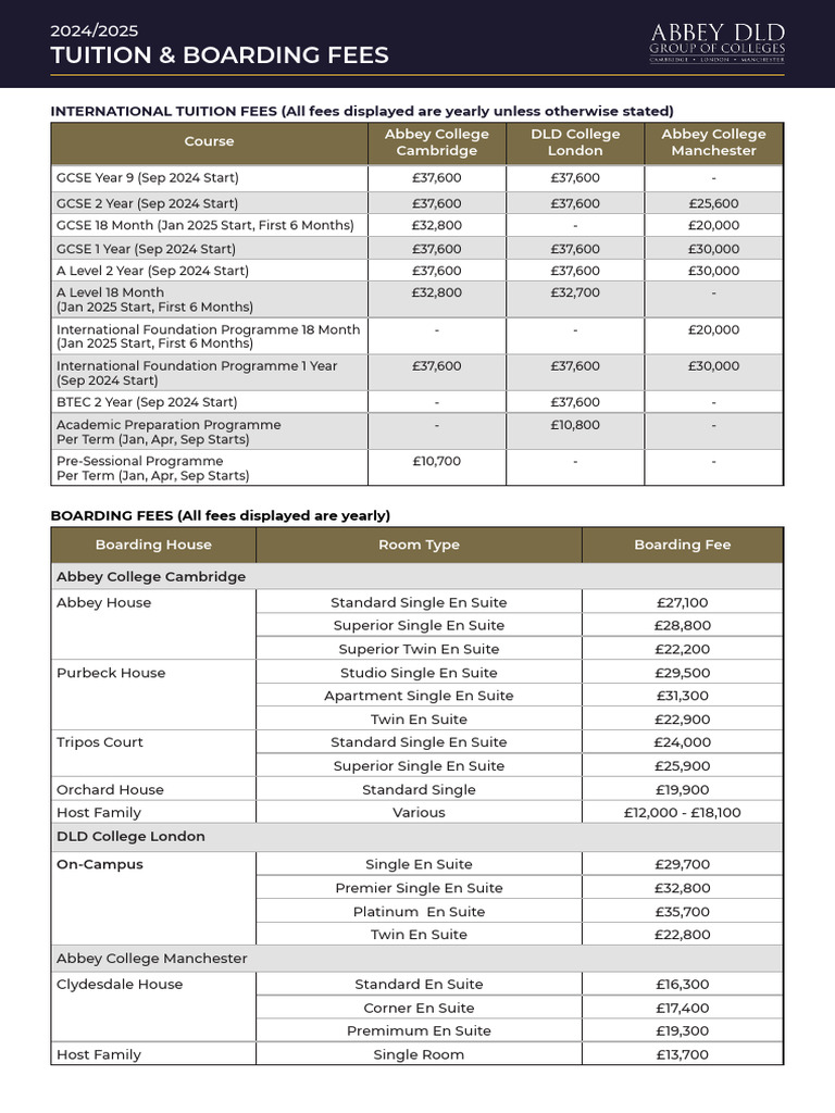 ADLD 24-25 International Tuition and Boarding Fees | PDF