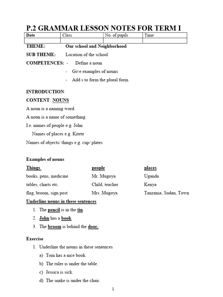 Primary 2 English Grammar Notes Term 1 | PDF | Plural | Verb