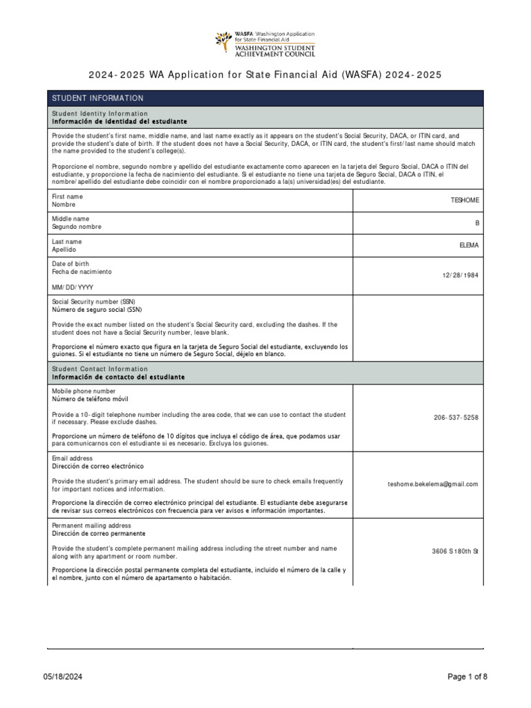 WA Application for State Financial Aid (WASFA) 2024-2025 (1) | PDF ...
