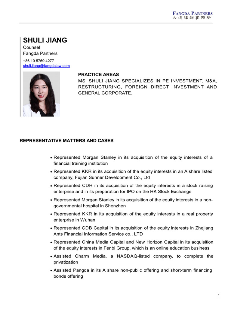 Shuli Jiang: M&A and PE Investment Expert | PDF | Mergers And ...