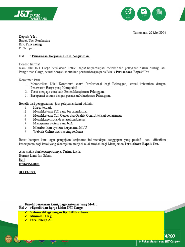 Penawaran Jasa Pengiriman J&T Cargo | PDF