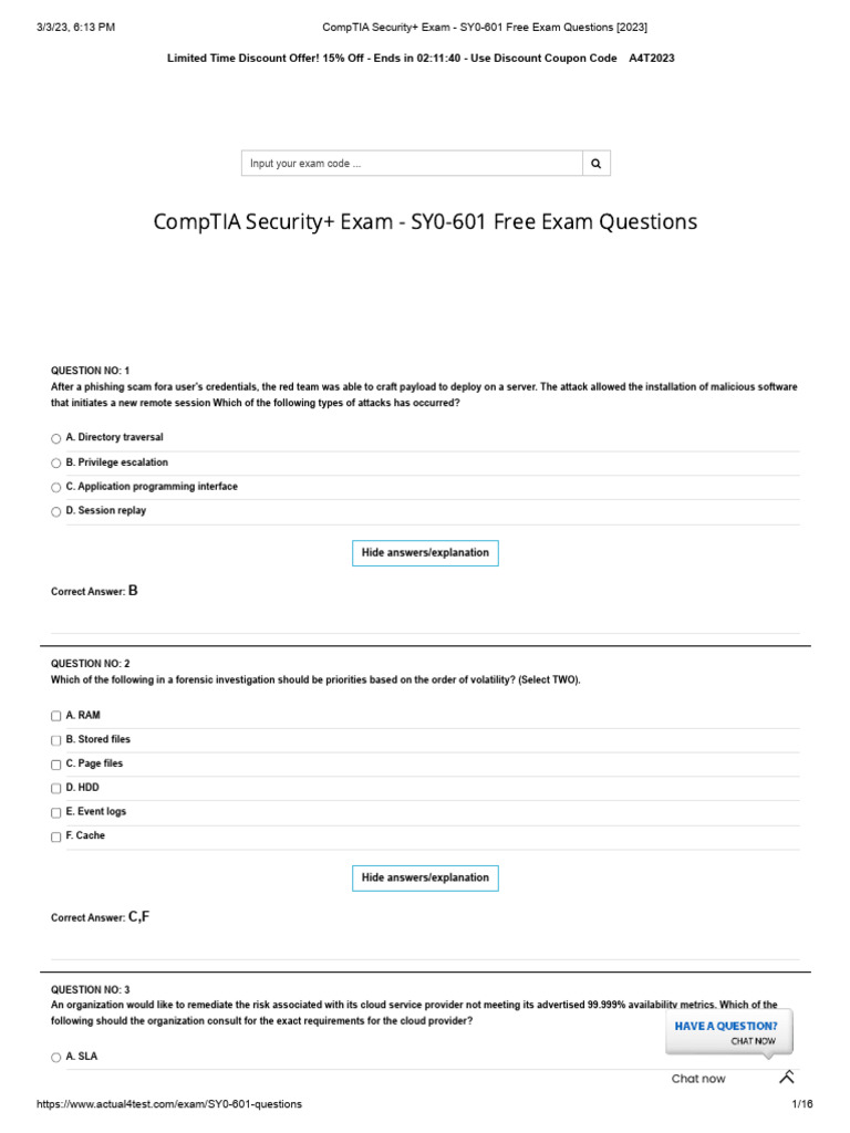 Comptia security exam sy0 601 free exam questions 2023 pdf