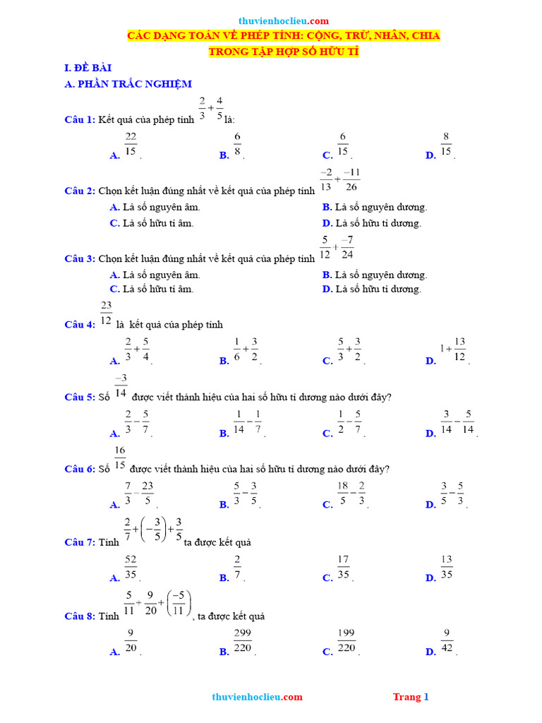 8 Cac Phep Tinh Cong Tru Nhan Chia Trong Tap Hop So Huu Ti | PDF
