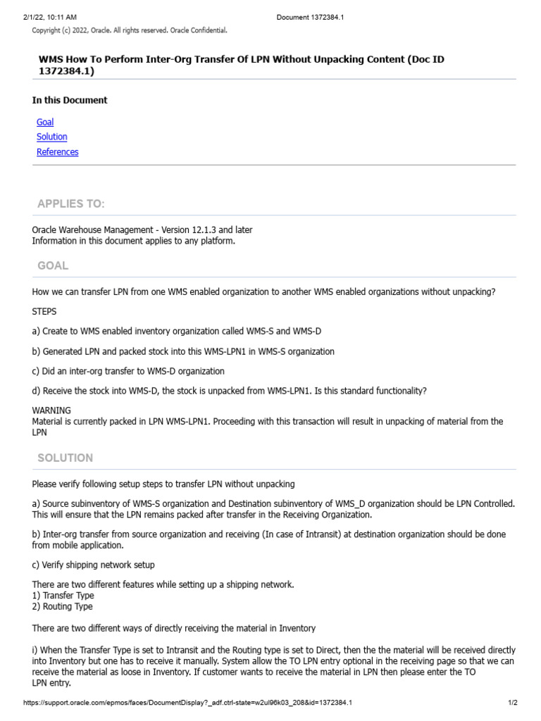 WMS How To Perform Inter-Org Transfer of LPN Without Unpacking Content ...