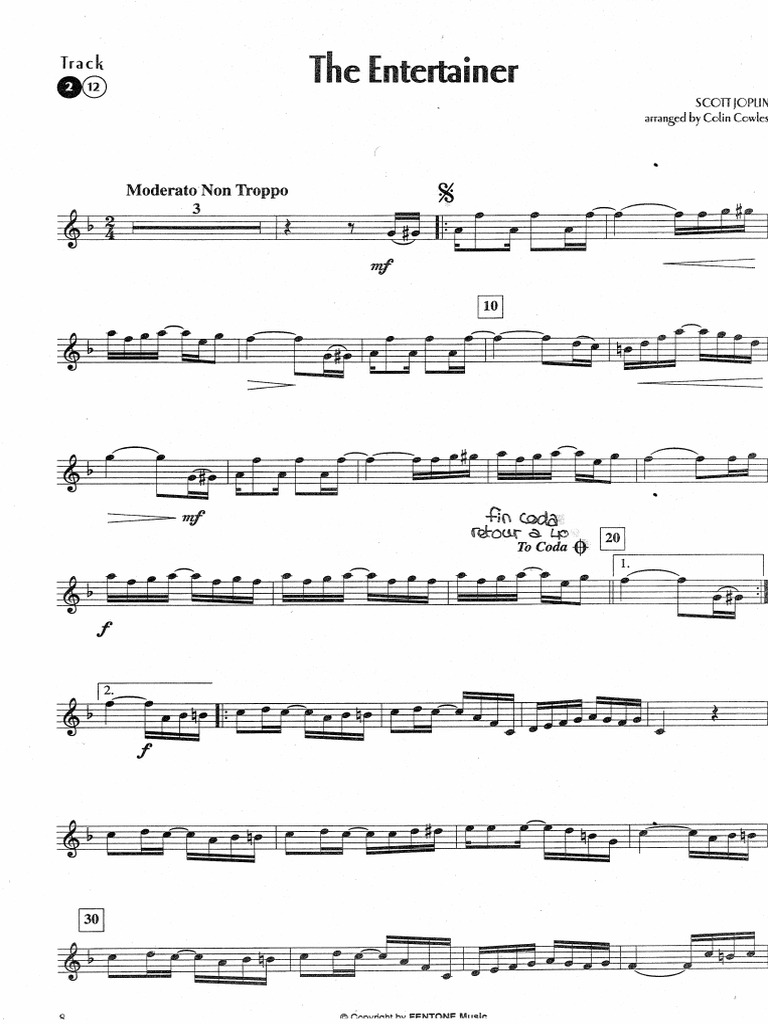 PDF-style document image for The Entertainer, featuring ragtime sheet music content.