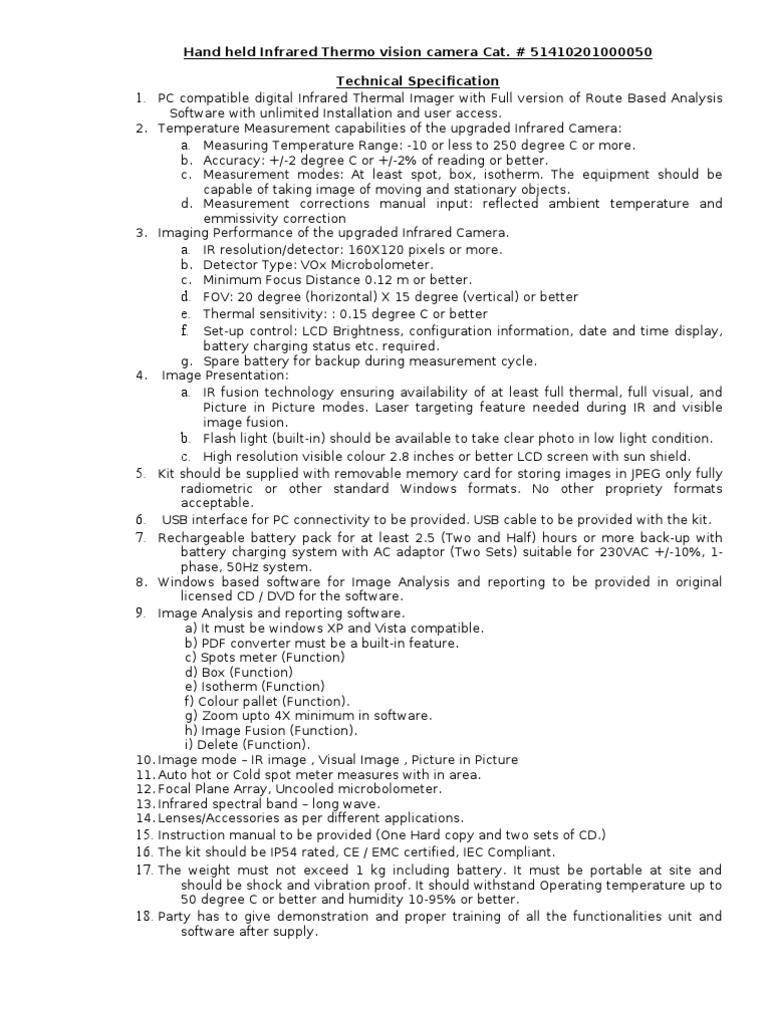 Infrared Thermal Camera Specifications | PDF | Infrared | Image Resolution