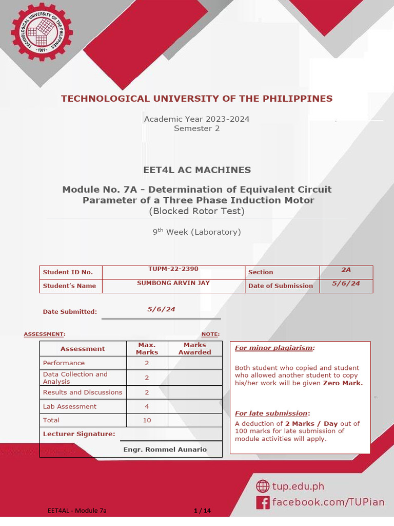 Exp.7 - Equivalent Circuit Parameter of A 3 - Phase Induction Motor ...