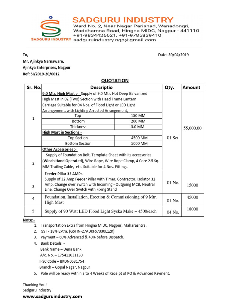 High Mast Lighting Quotation Details | PDF | Equipment | Manufactured Goods