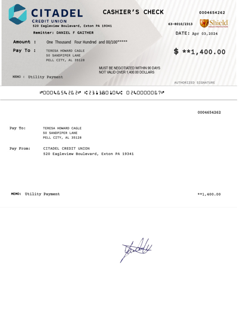 Cashier's Check Sample for Utility Payment | PDF