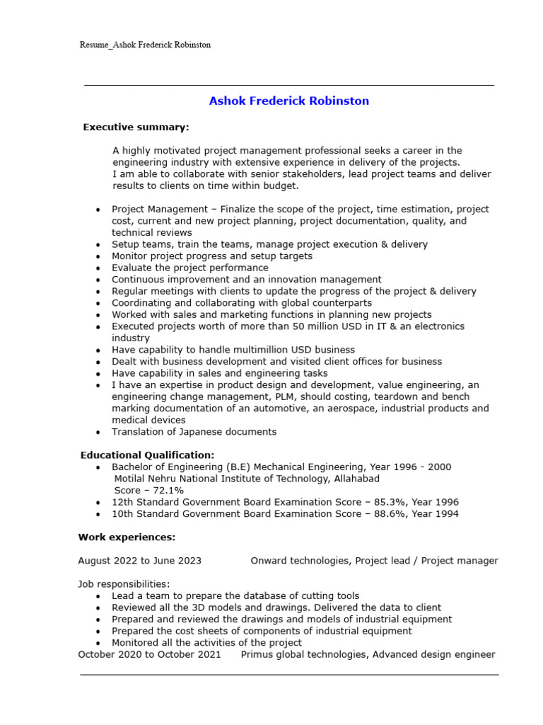 Resume Ashok Frederick Robinston Japanese PDF Engineering Project