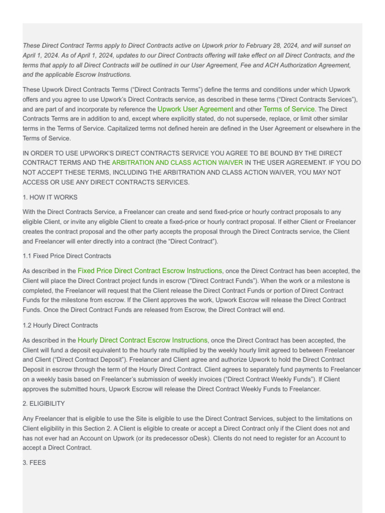 Upwork Direct Contract Terms Overview | PDF | Payments | Fee
