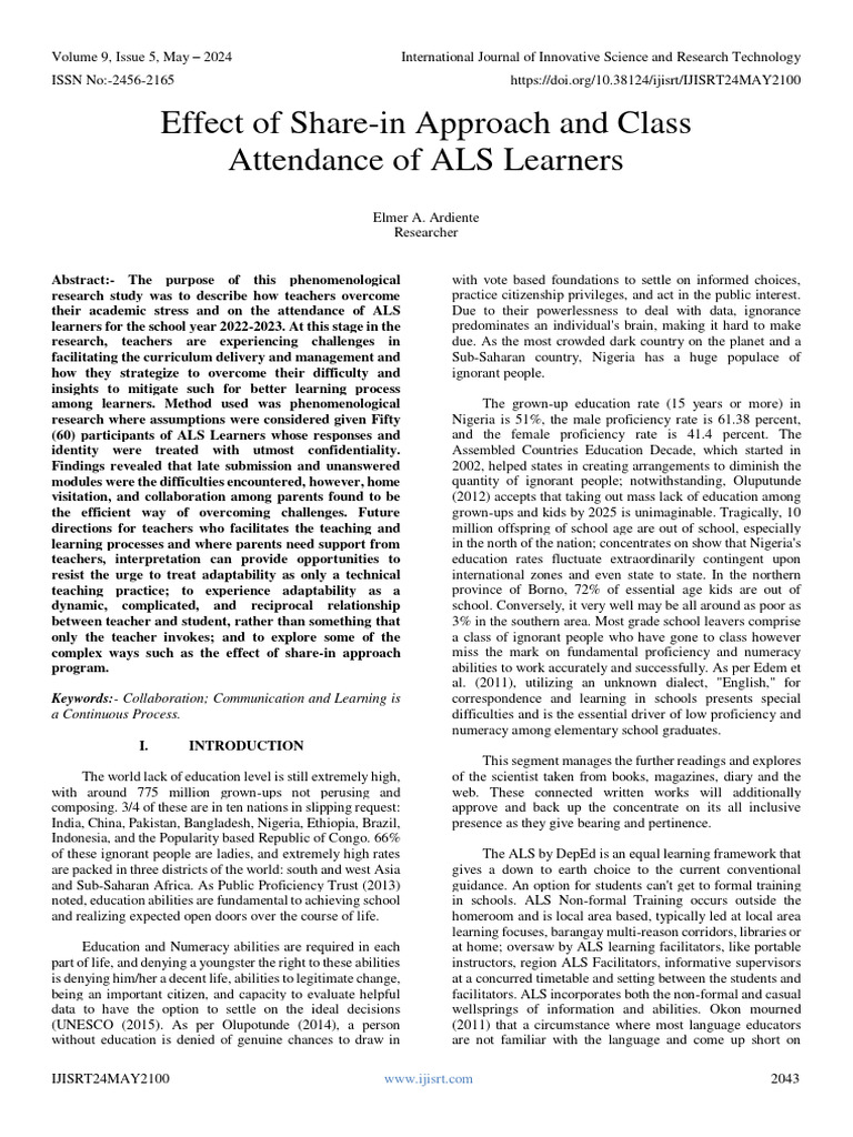 Effect of Share-In Approach and Class Attendance of ALS Learners | PDF ...