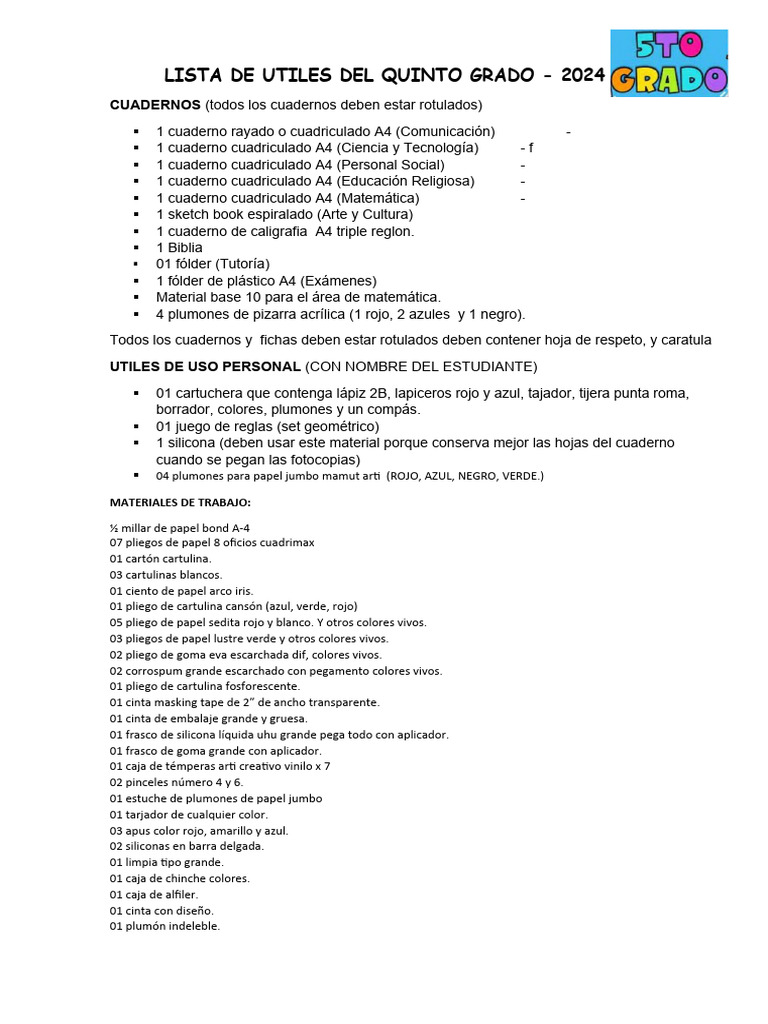 Lista de Útiles Quinto Grado 2024 | PDF | Papelería | Materiales de ...