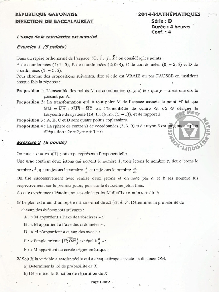 Bac Gabon Maths 2014 Series D0 | PDF
