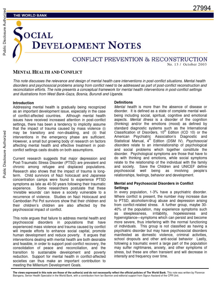 Mental Health Interventions in Conflict Zones | PDF | Mental Disorder ...