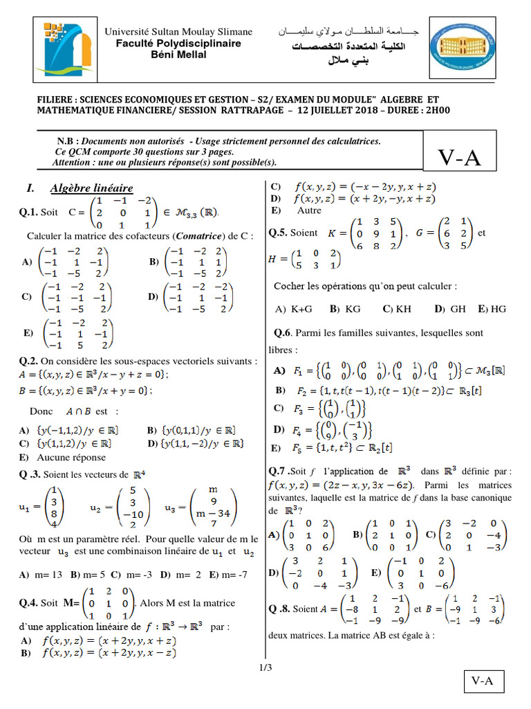 Exam RATTRAP 2018 Algebre Math-Fi | PDF | Prêts | Base (algèbre linéaire)