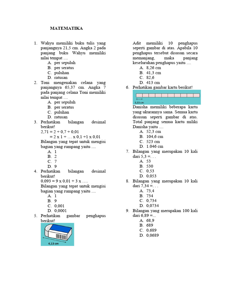 Soal Matematika Kelas 5 Bilangan Desimal dan Bilangan Bulat - Copy | PDF