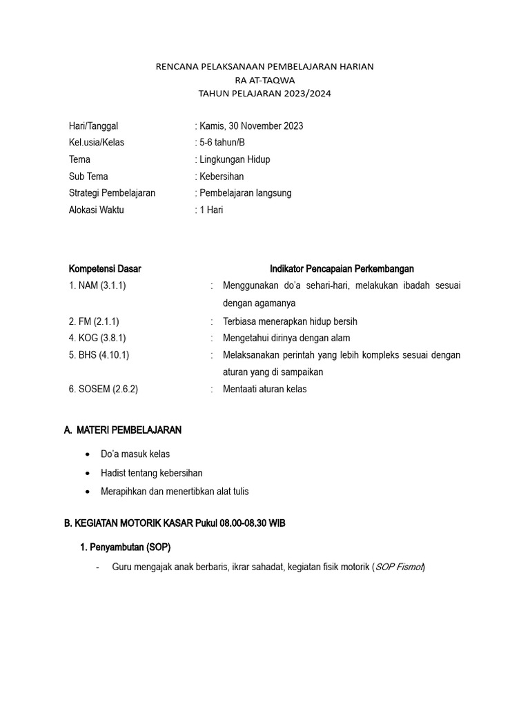 RPP Kebersihan untuk Kelas 5-6 Tahun | PDF