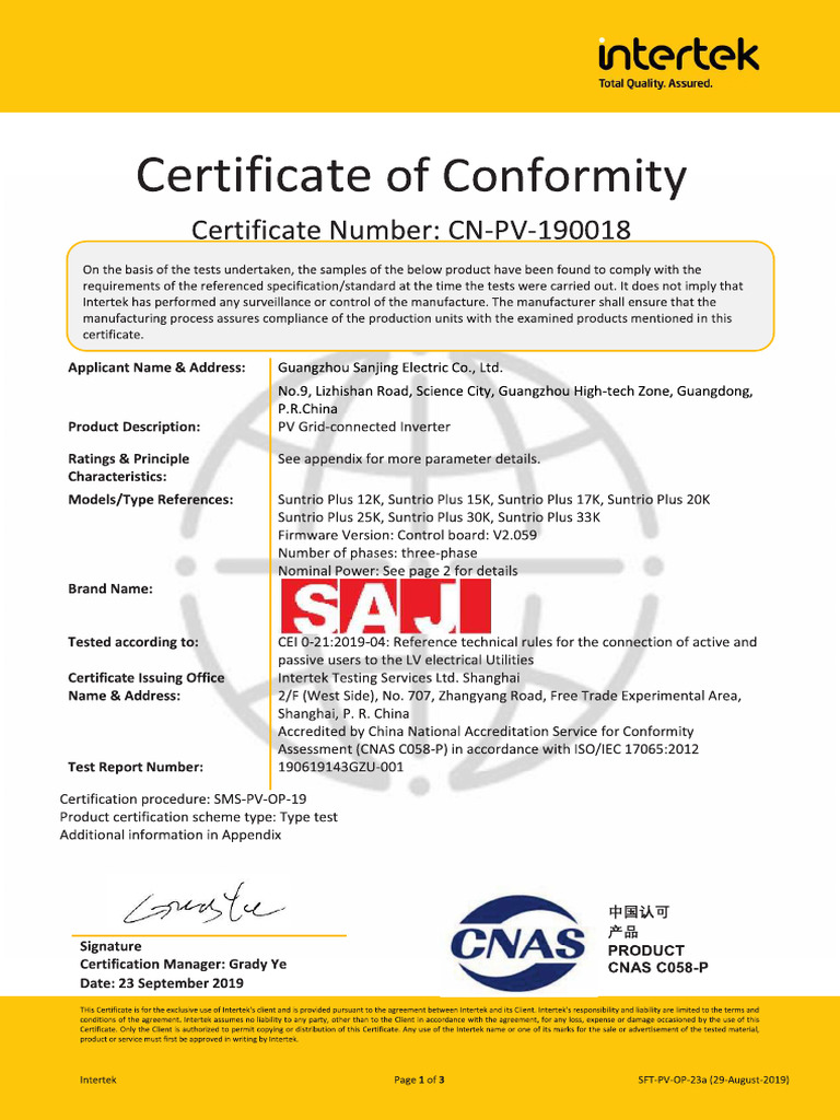 Certificato conformità CEI 0-21_2019 Suntrio plus 12-33k ...